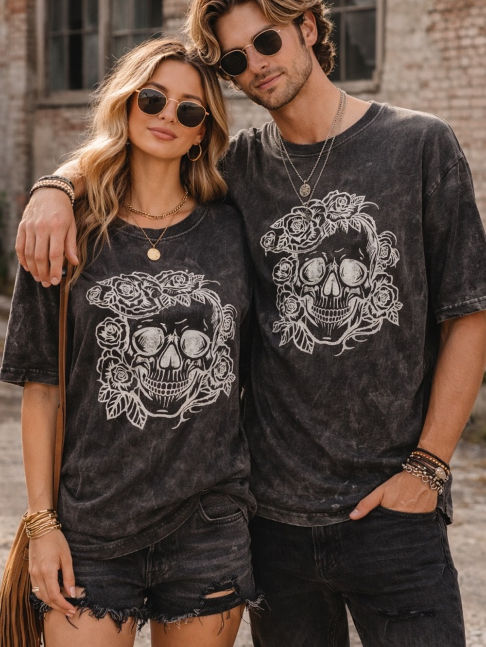 Rhea Skull Floral Graphic Tee Black Acid Wash Unisex L NWT Boho Edgy A22
